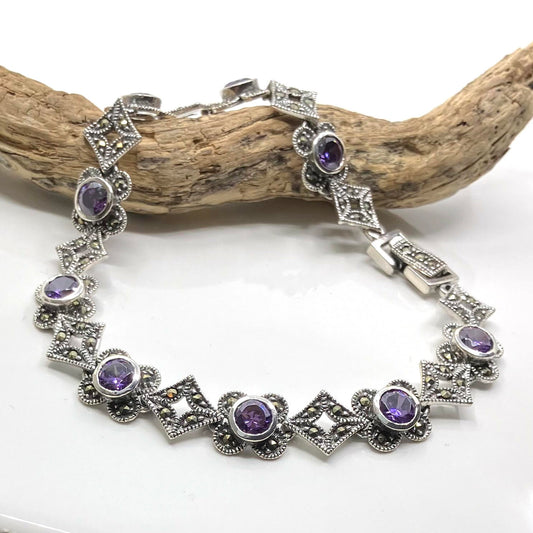 Marcasite and Sterling Silver Bracelet with 9 Amethyst CZ