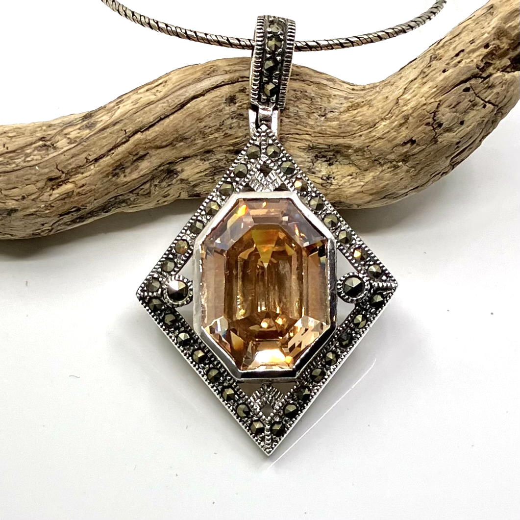 Marcasite and Sterling Silver with Champagne CZ Dia on Ox Silver Chain