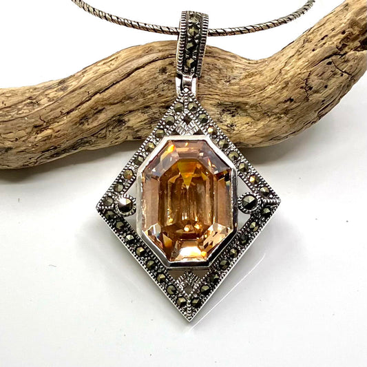Marcasite and Sterling Silver with Champagne CZ Dia on Ox Silver Chain