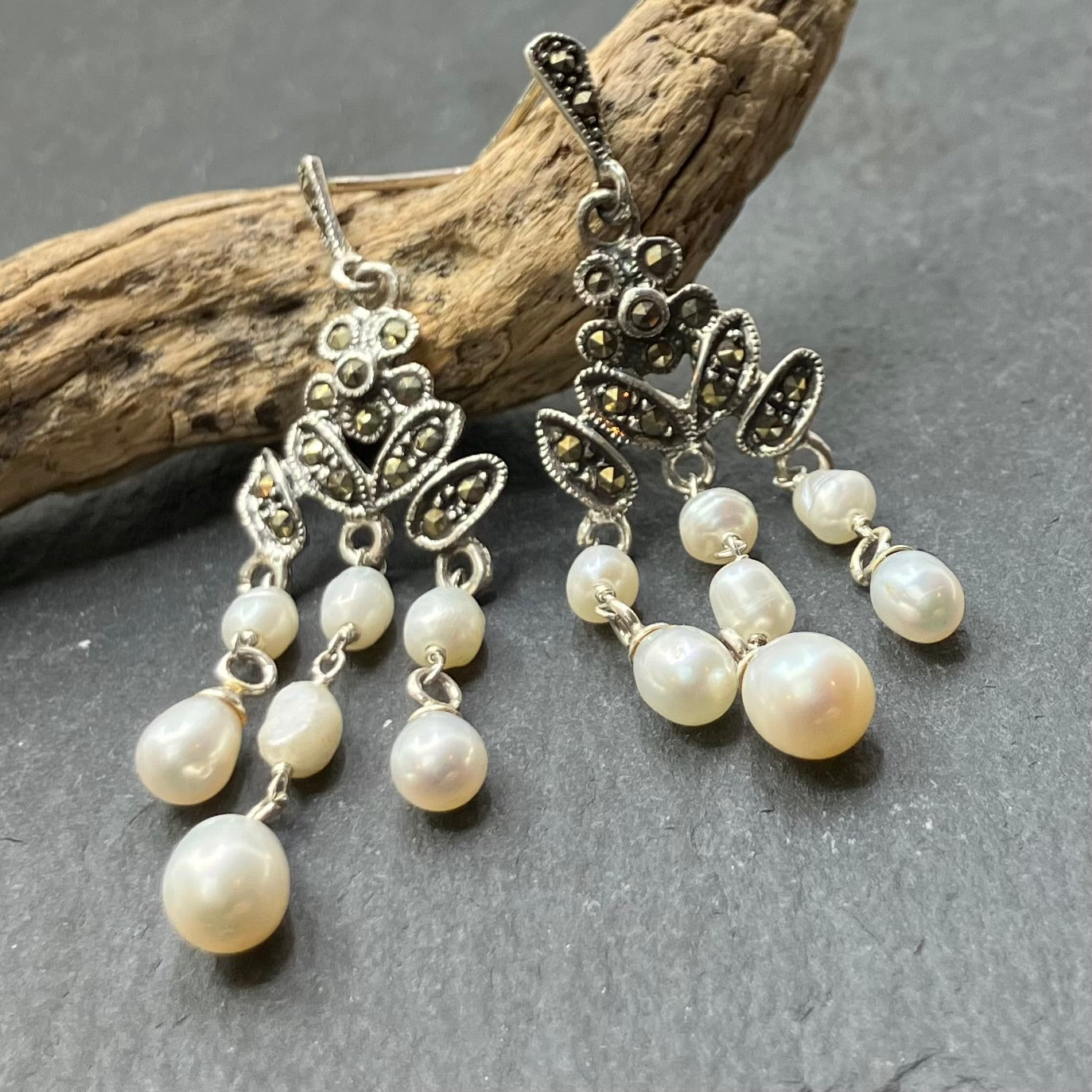 Marcasite and Sterling Silver Earrings Posts Flower with 7 Pearls