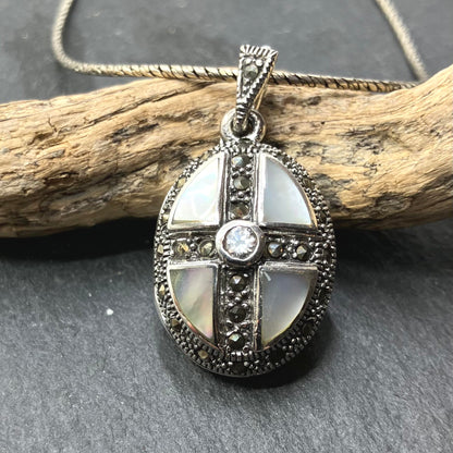 Marcasite and Sterling Silver Locket with MOP and CZ on Ox Silver Chain