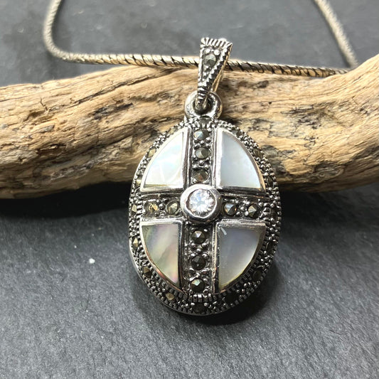 Marcasite and Sterling Silver Locket with MOP and CZ on Ox Silver Chain