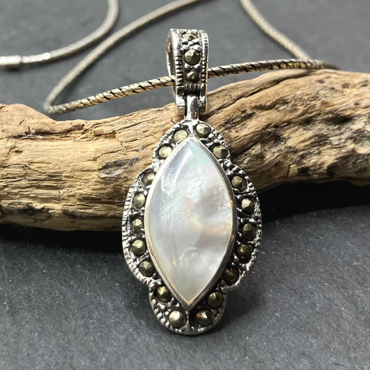 Marcasite and Sterling Silver Pendant with MOP marquise on Ox Silver Chain