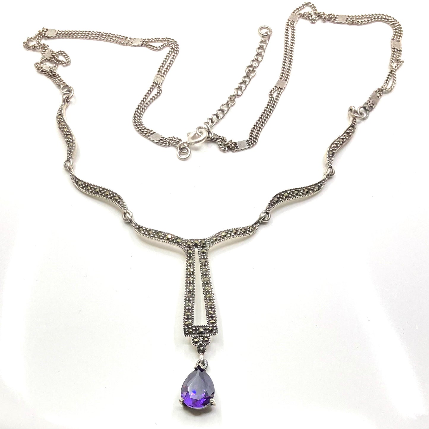 Marcasite and Sterling Silver Necklace with Amethyst CZ Drop