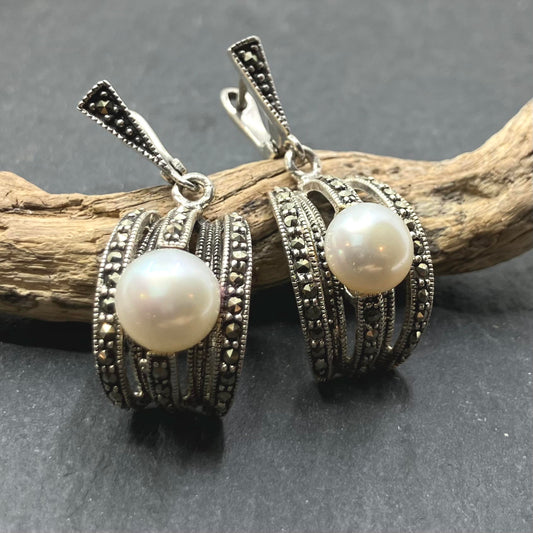 Marcasite and Sterling Silver Earring Posts with Pearl