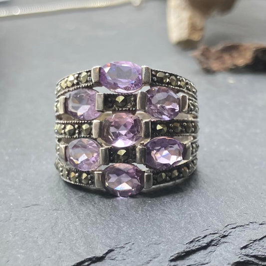 Marcasite and Sterling Silver Ring with 7 Amethyst Ovals
