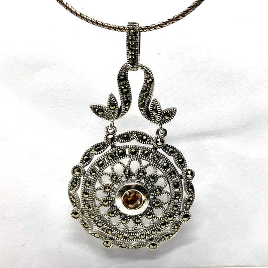 Marcasite and Sterling Silver Pendant with Champagne Cz round long on Ox Silver Chain