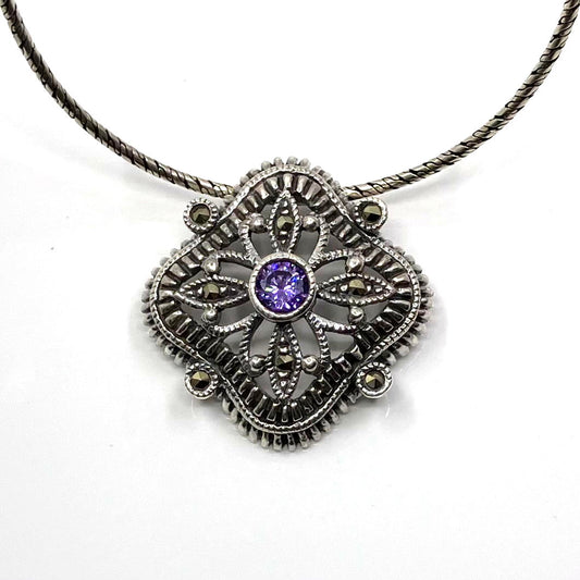 Marcasite and Sterling Silver Pendant with Amethyst CZ Centre on Ox Silver Chain