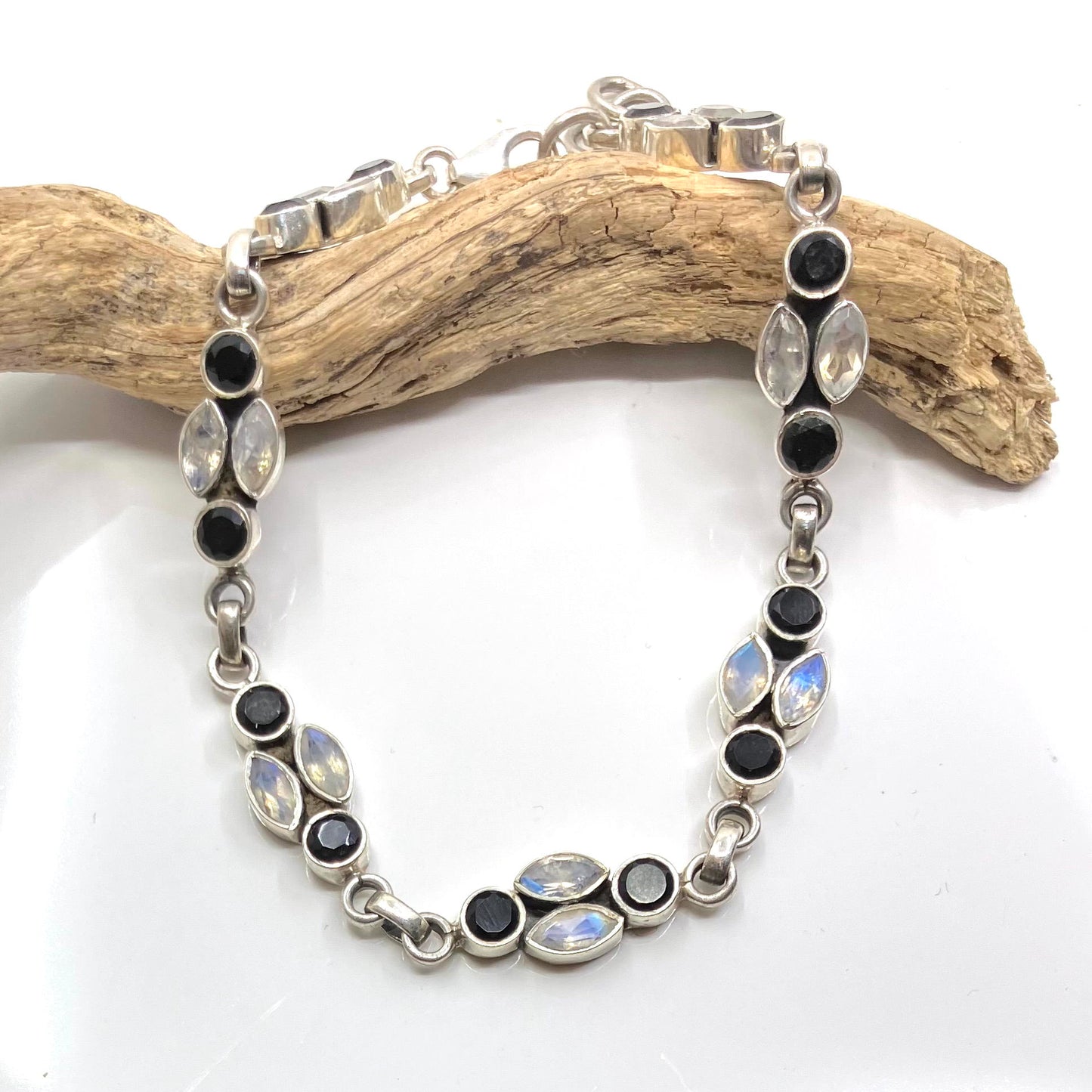 Moonstone and Onyx Sterling Silver Bracelet 4 Stone