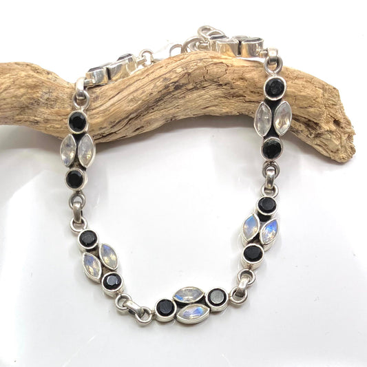 Moonstone and Onyx Sterling Silver Bracelet 4 Stone