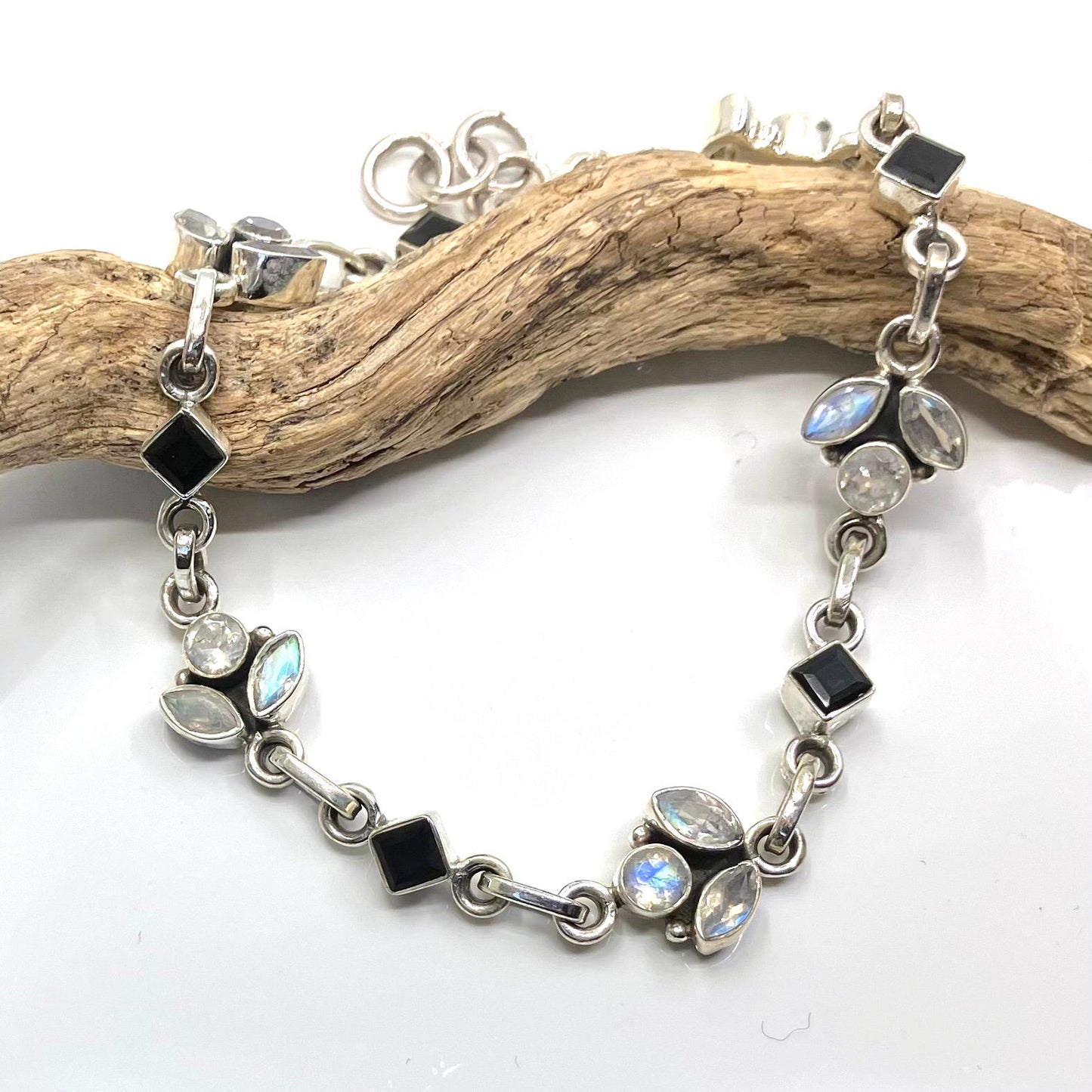 Moonstone and Black Onyx Sterling Silver Bracelet 3 Stone