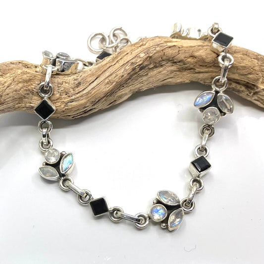 Moonstone and Black Onyx Sterling Silver Bracelet 3 Stone