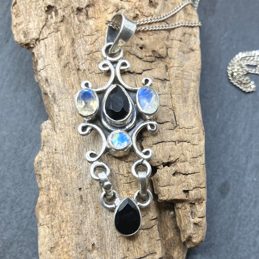 Moonstone and Onyx Sterling Silver Pendant 5 Stone on Silver Chain