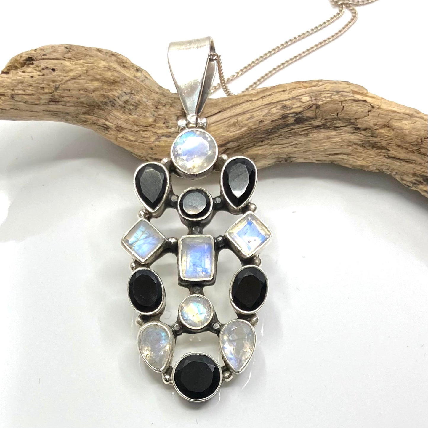 Moonstone and Onyx Sterling Silver Pendant on Silver Chain