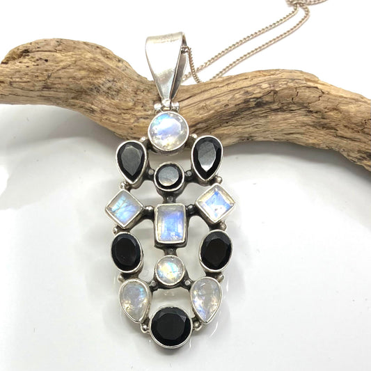 Moonstone and Onyx Sterling Silver Pendant on Silver Chain