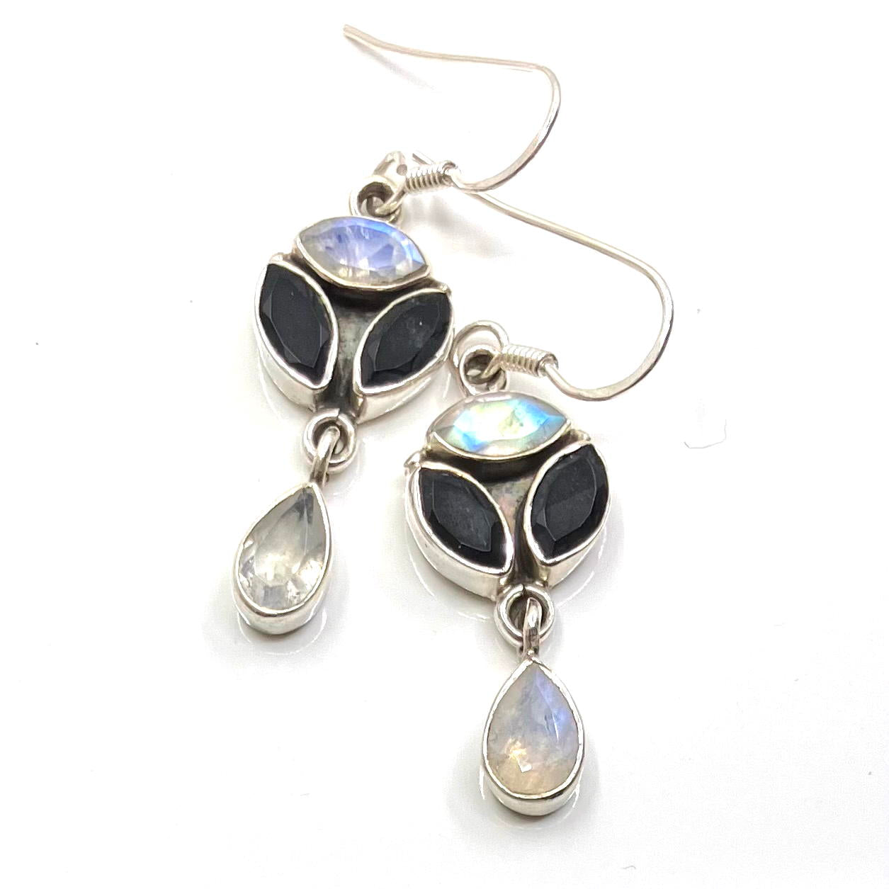 Moonstone and Onyx Sterling Silver Earrings 4 Stone