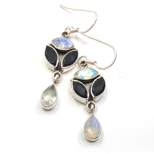 Moonstone and Onyx Sterling Silver Earrings 4 Stone