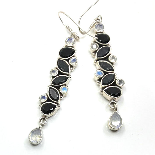 Moonstone and Onyx Sterling Silver Earrings 11 Stone
