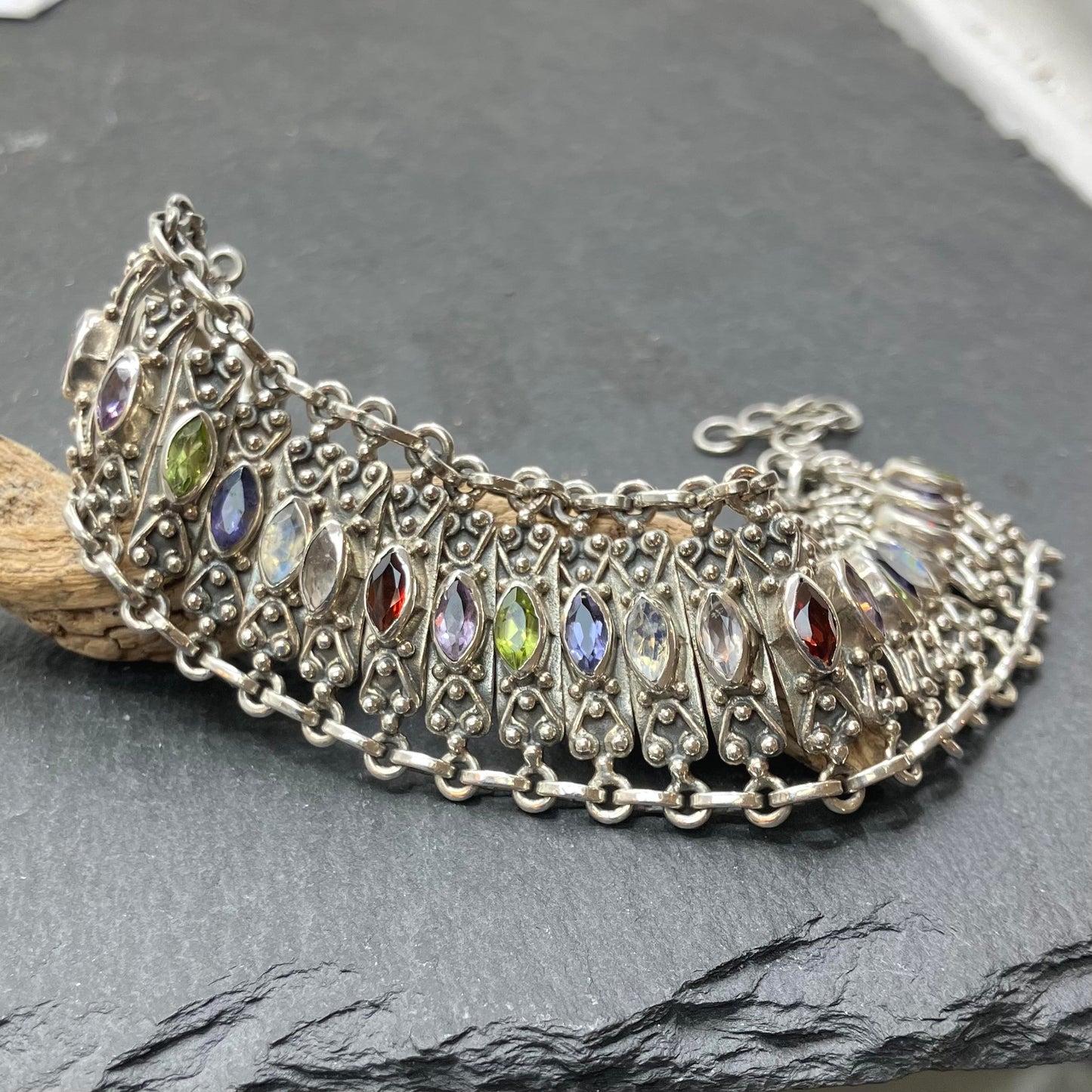 Multistone and Sterling Silver Bracelet wide