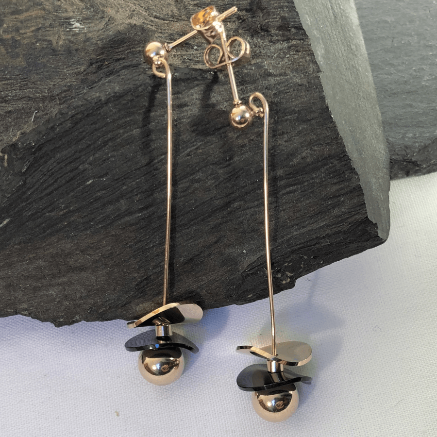 Stainless Steel Rose Gold and Black Coloured Disc and Ball Earrings