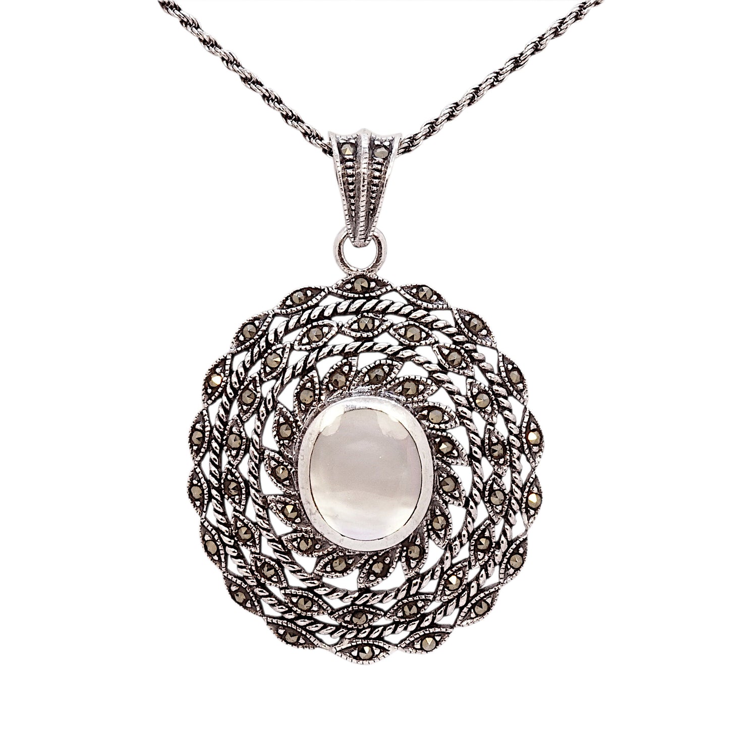 Marcasite and Mother of Pearl Pendant and Oxidised Chain