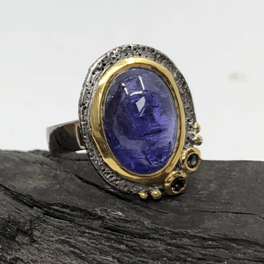 Rhodium and Gold Plated Silver with Tanzanite and Sapphires Ring
