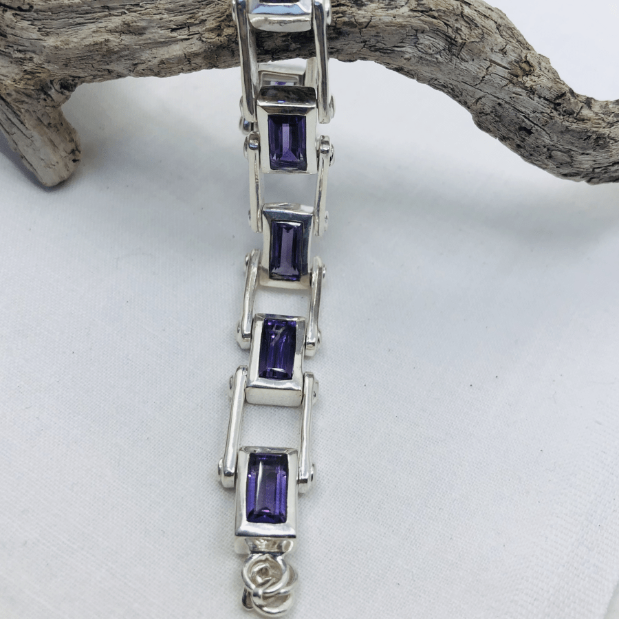 Amethyst and Sterling Silver 8 Rectangular Faceted Stone Bracelet