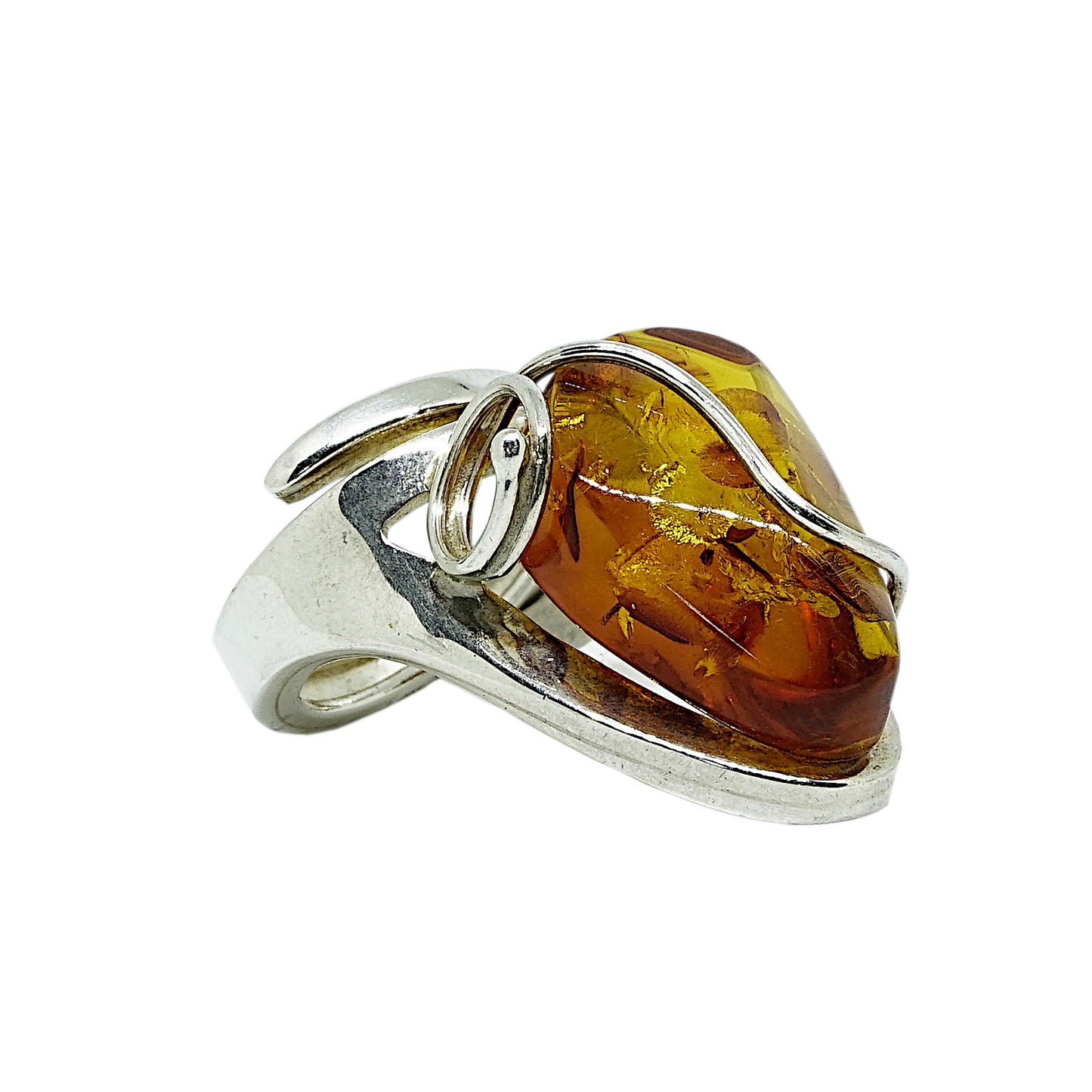 Amber and Sterling Silver Teardrop Shaped Ring