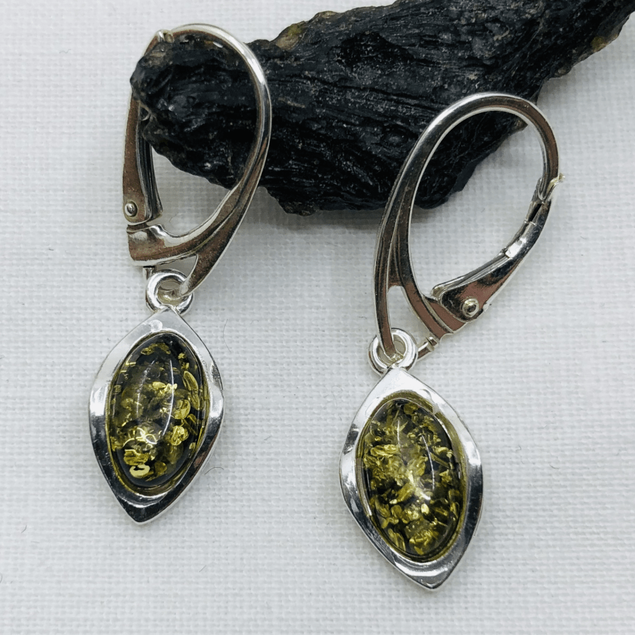 Amber, Green, and Sterling Silver French Hook Earrings
