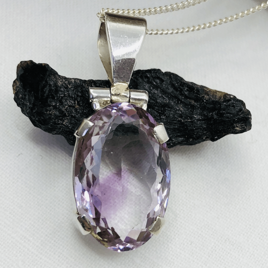 Amethyst and Sterling Silver Oval Faceted Pendant on a Silver Chain