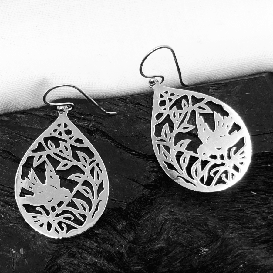 Sterling Silver Tear Shaped Earring with Bird on Branch