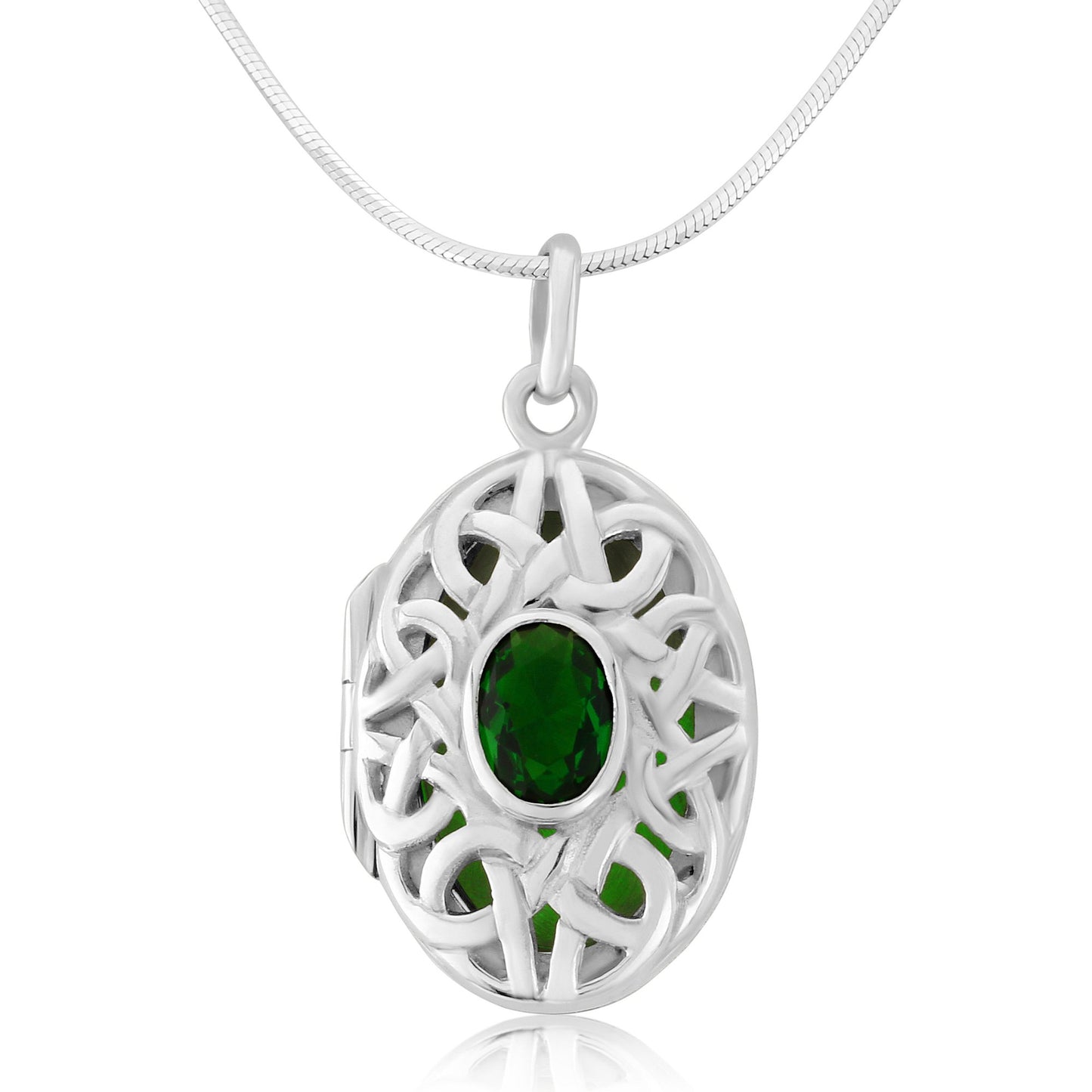 Celtic Knot Sterling Silver Locket with Green CZ and Chain