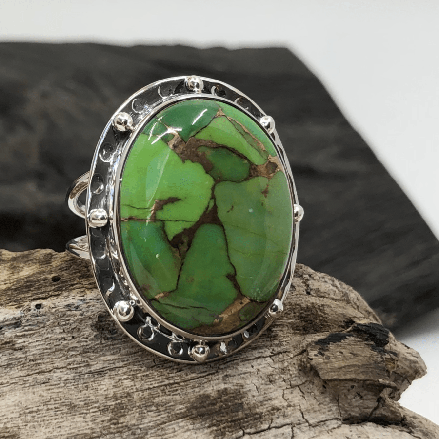 Green Turquoise and Sterling Silver Big Oval Ring