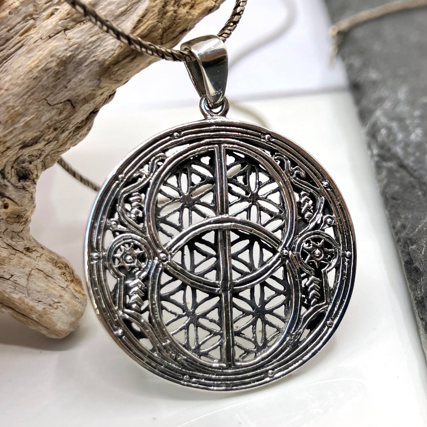 Oxidised Sterling Silver Pendant Round 3D filigree on Silver Chain
