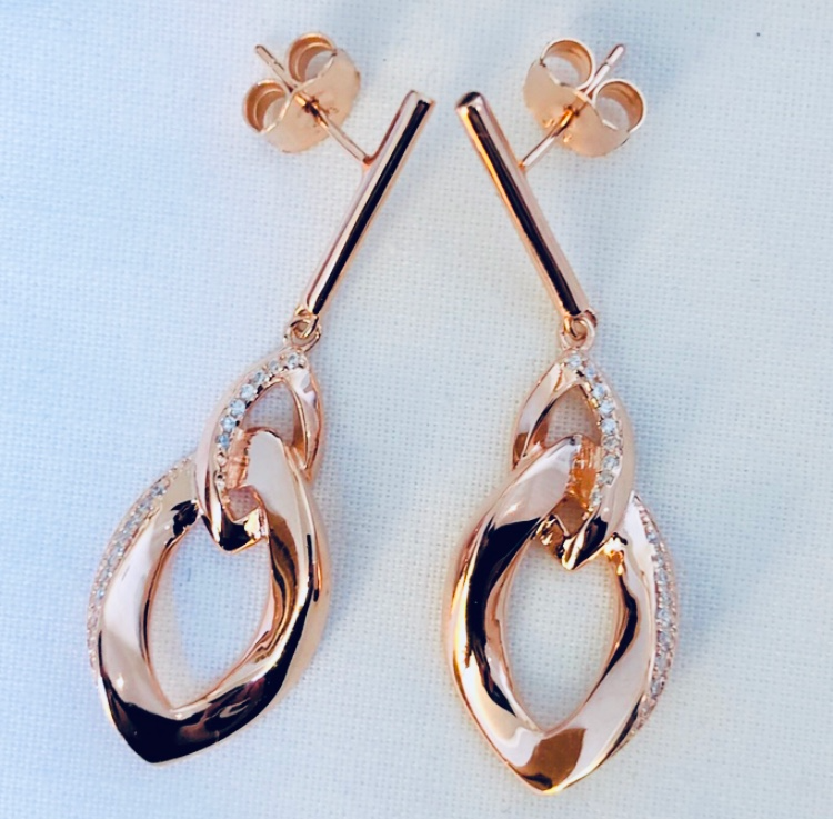 Rose Gold Plate Sterling Silver and CZ Diamond Pair of Earrings