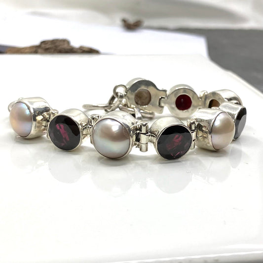 Freshwater Pearl and Garnet and Sterling Silver Bracelet