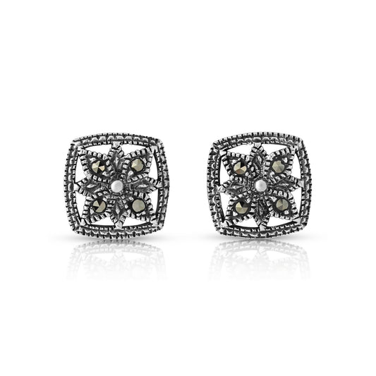 Marcasite Square Flower Sterling Silver Studs