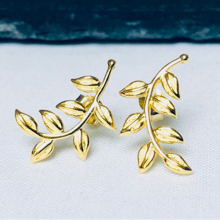 Yellow Gold Plated Sterling Silver Pair of Leaves Studs