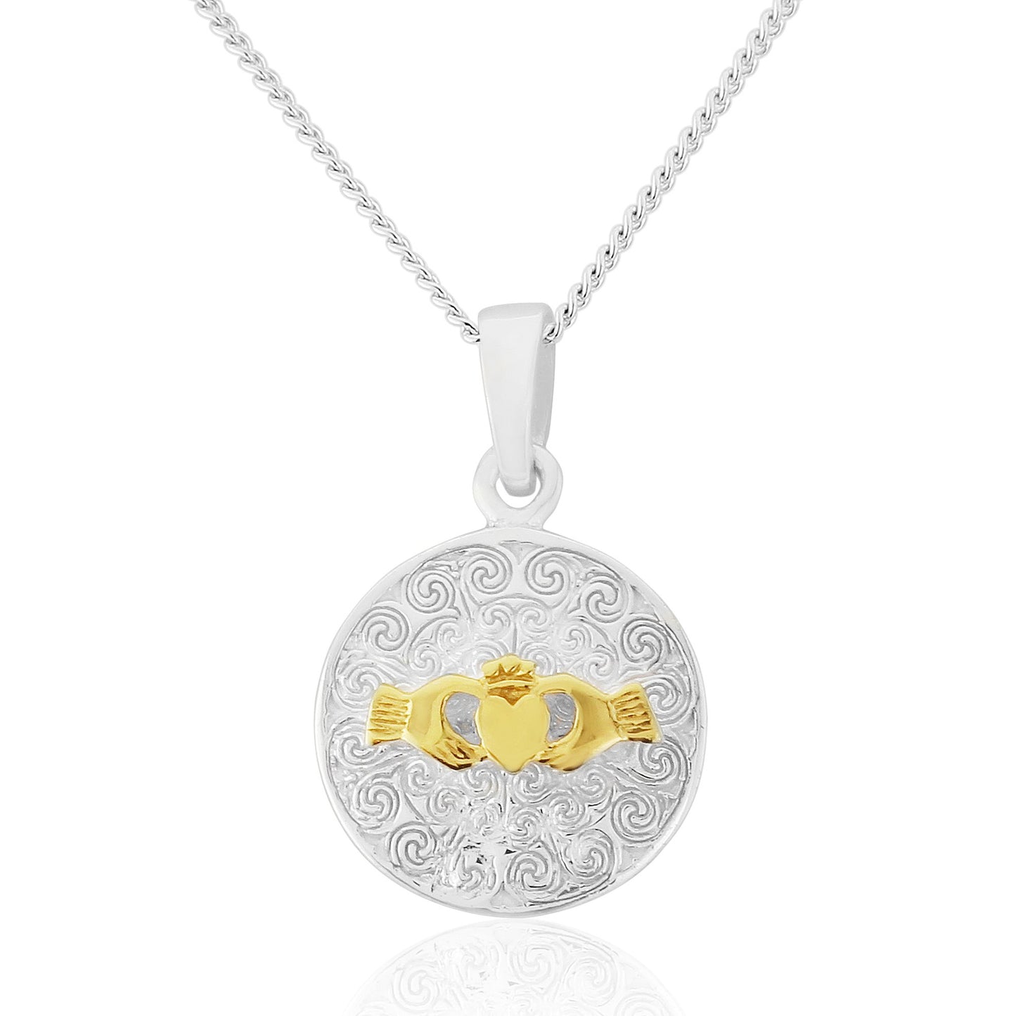 Claddagh Gold Plated Sterling Silver Round Pendant and Chain