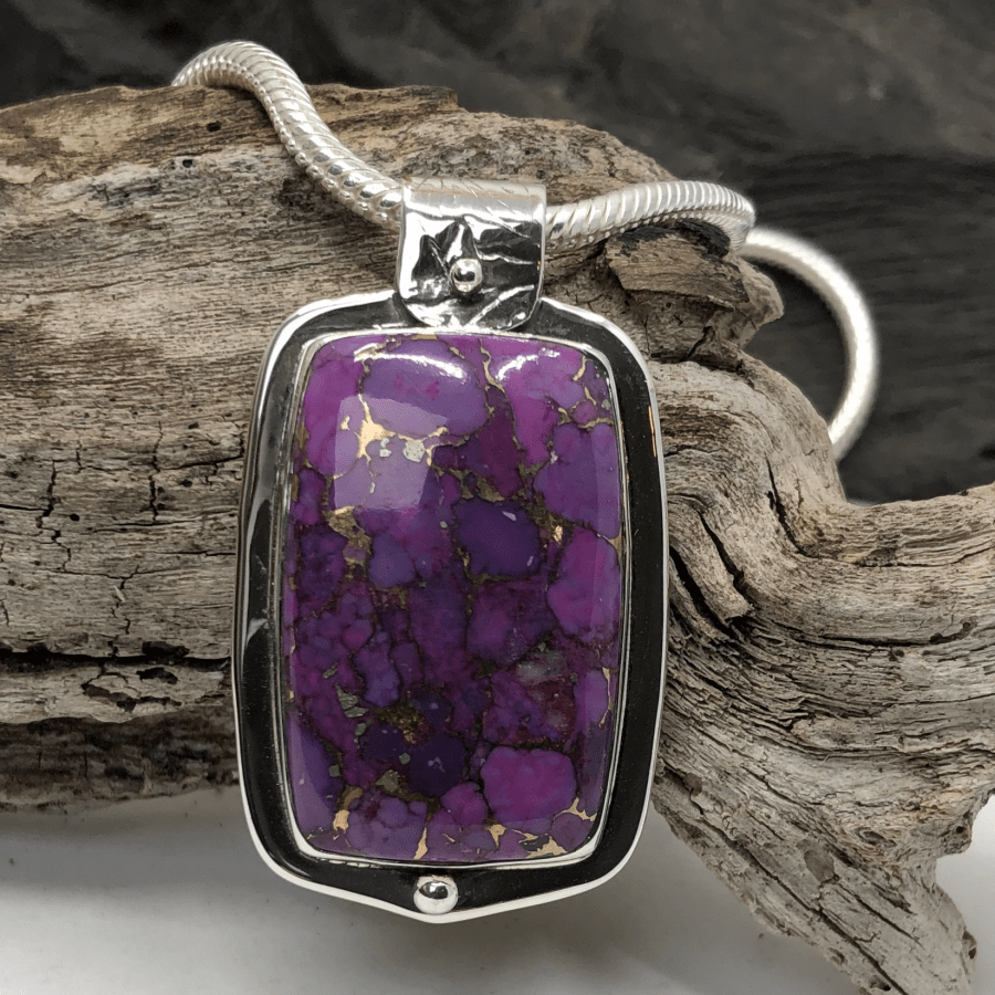 Purple Turquoise and Sterling Silver Rectangular Pendant and Thick Silver Snake Chain