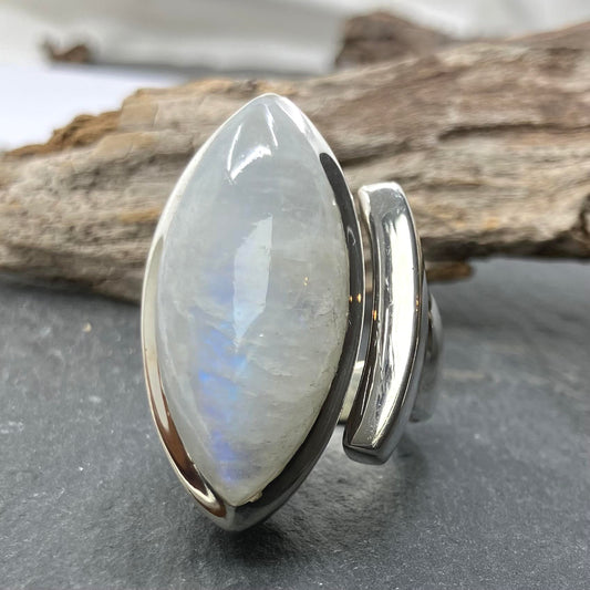 Rainbow Moonstone and Sterling Silver Ring Marquise