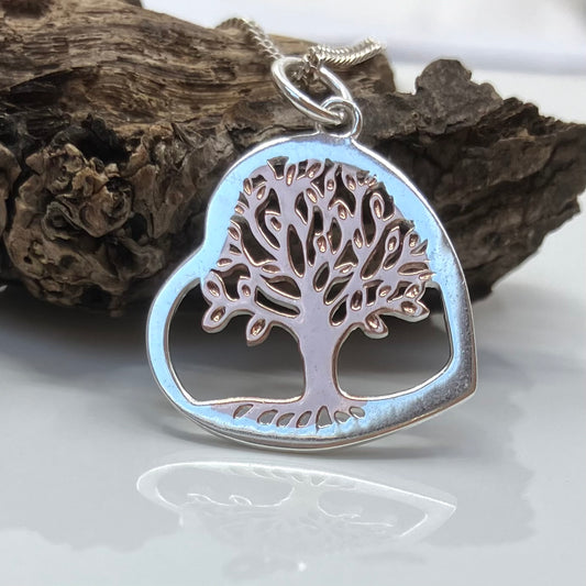Tree of Life Pendant in Rose Gold Plated Sterling Silver Heart on Silver Chain