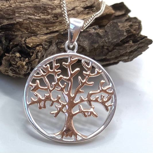 Tree of Life Rose Gold Plated Sterling Silver Pendant Round on Silver Chain