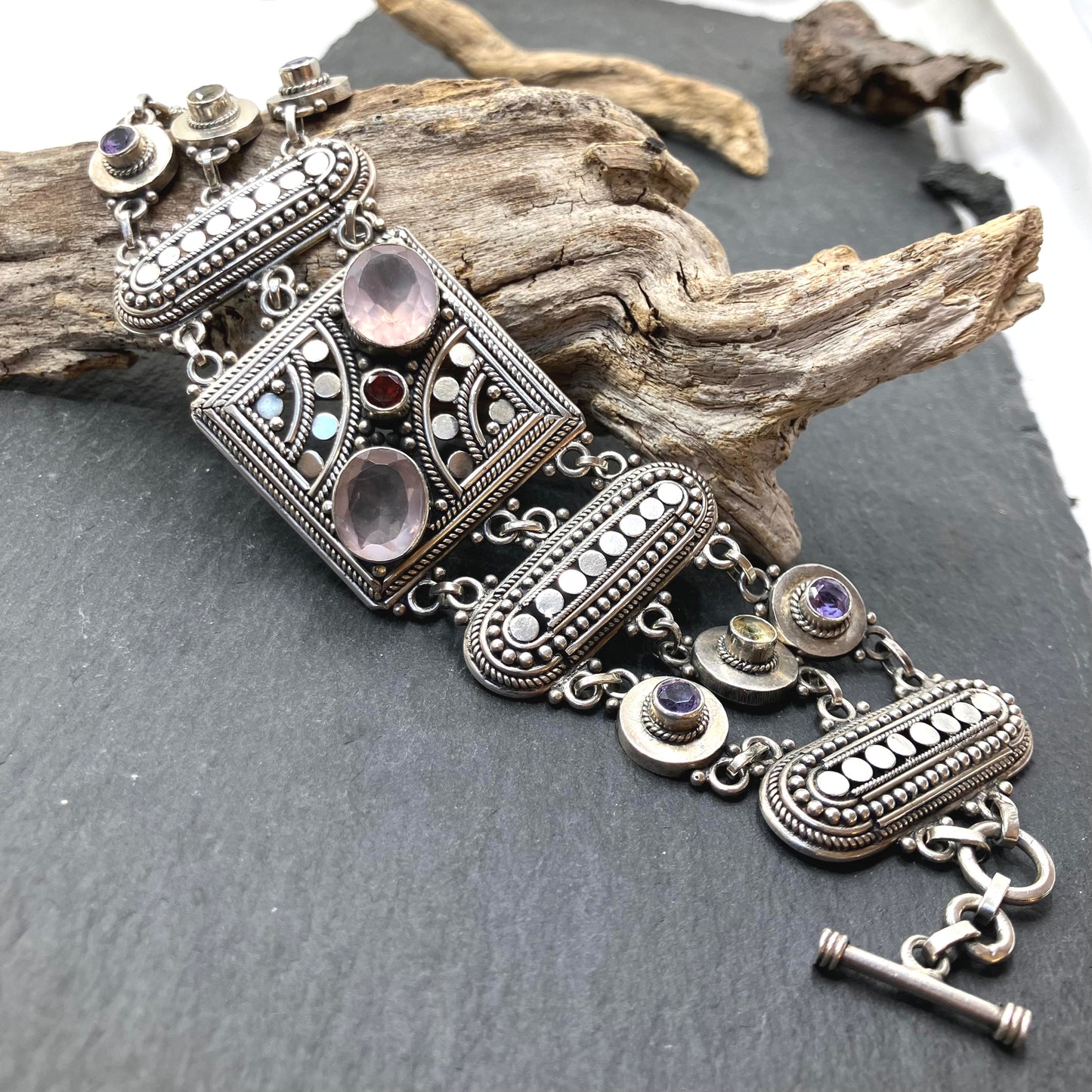 Multistone and Sterling Silver Bracelet Ornate
