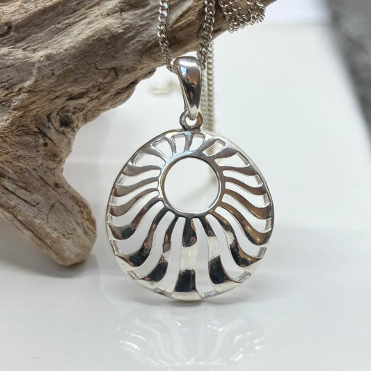 Sterling Silver Pendant Round Sun Rays on Silver Chain
