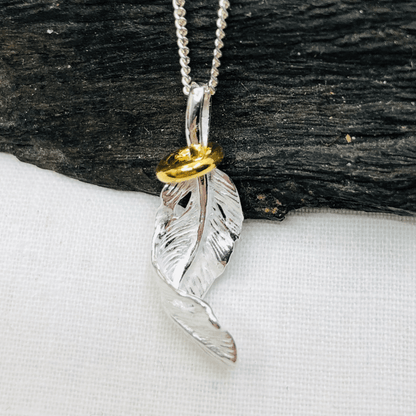 Sterling Silver Feather Pendant and Silver Curb Chain