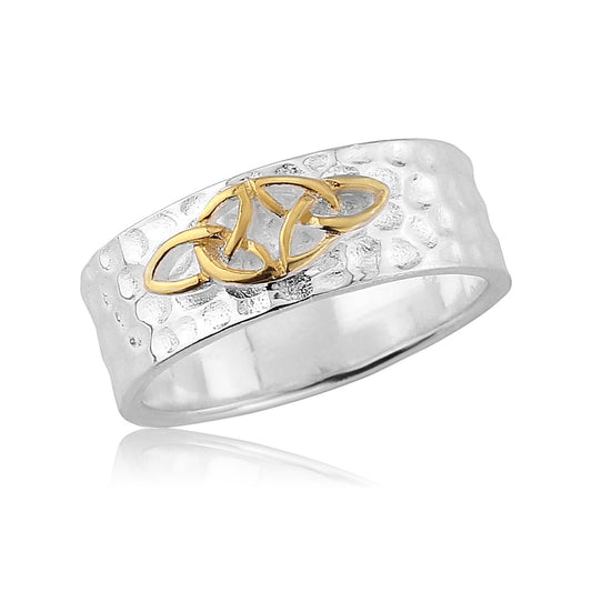 Celtic Trinity Knot Gold Plated on Hammered Silver Ring