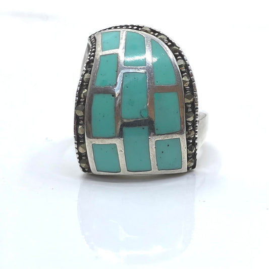 Marcasite and Turquoise Sterling Silver Ring 10 Stone