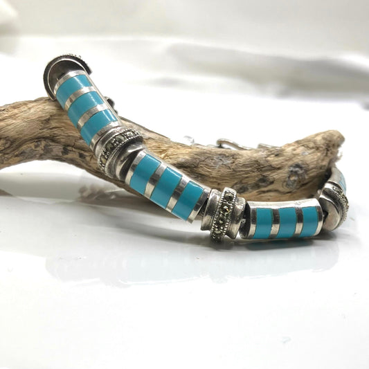 Marcasite and Turquoise Sterling Silver Bracelet Semi Barrel