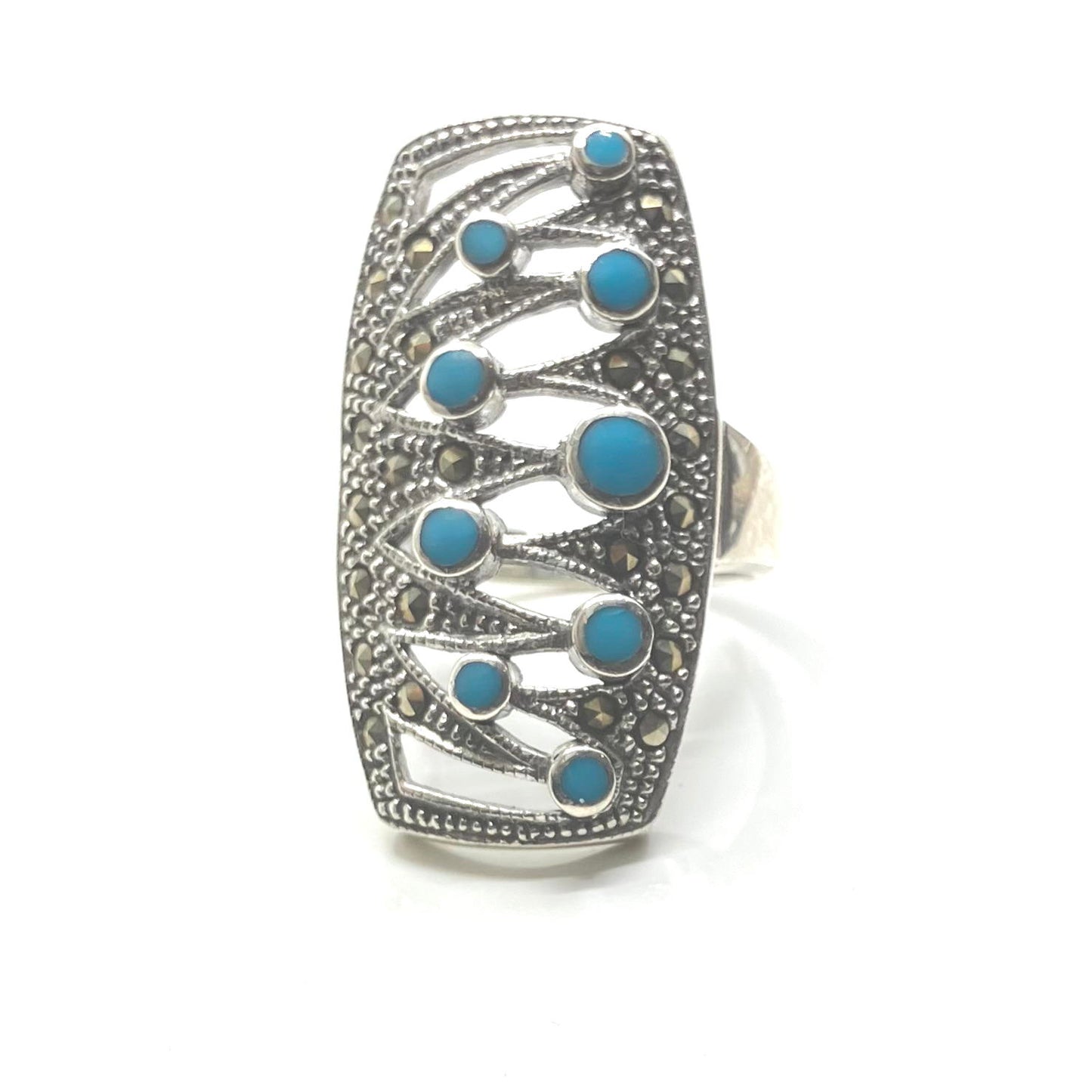 Marcasite and Turquoise Sterling Silver Ring Open
